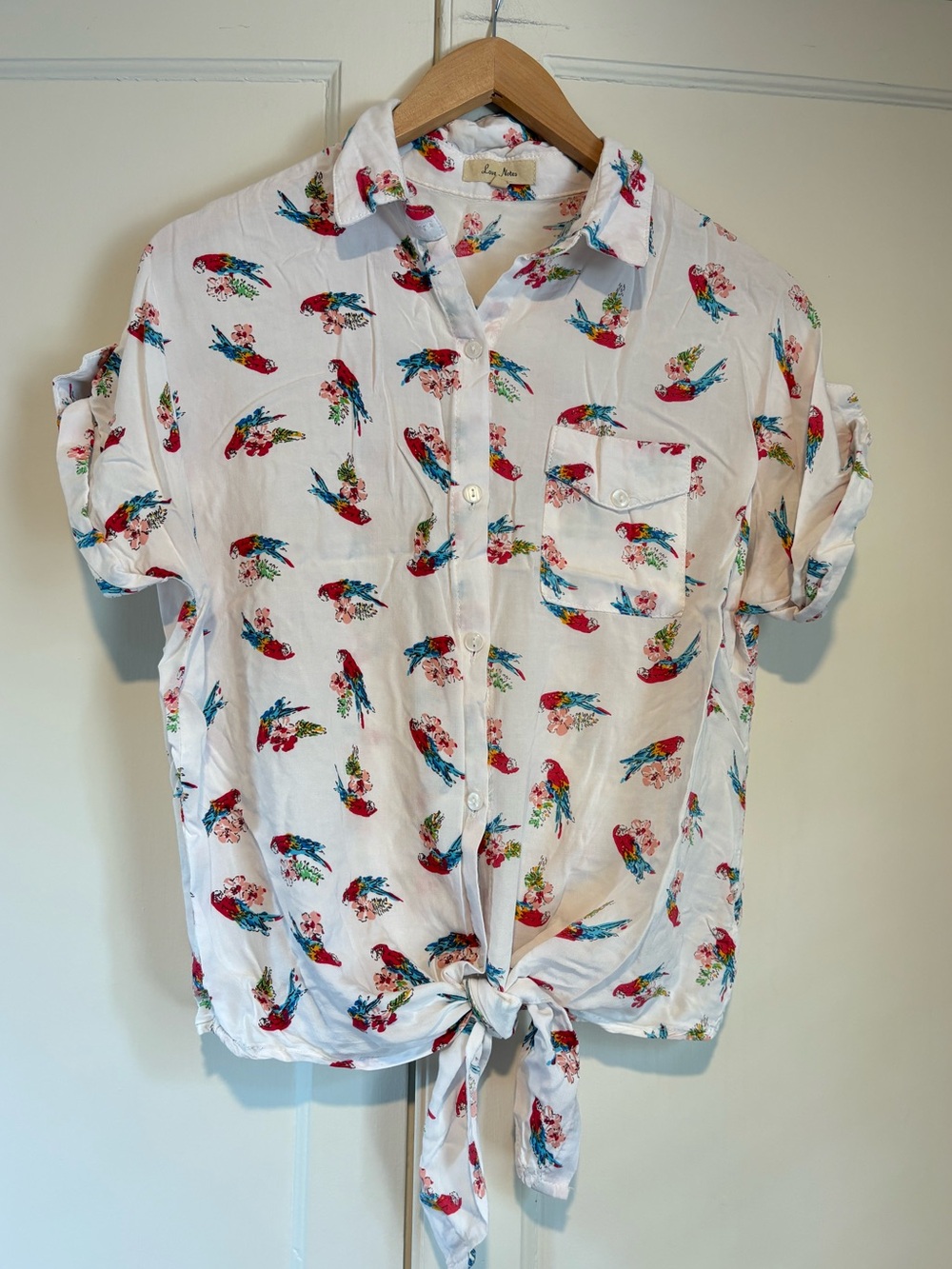 Love Notes Tropical Bird Short Sleeve Tie Front Blouse